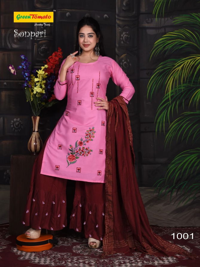 Green Tomato Sonpari Rayon Designer Fancy Ethnic Wear Kurti Sharara And Dupatta Collection